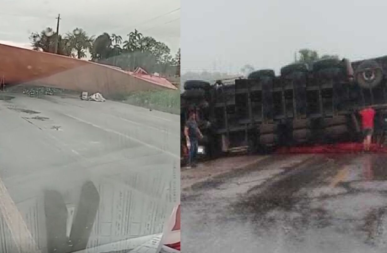 GRAVE AQUAPLANAGEM - Carreta tomba na BR-364 em Candeias do Jamari durante chuva