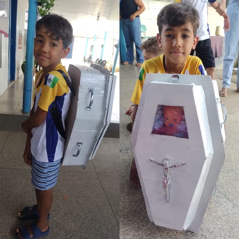 Menino leva mochila em formato de caixão para escola como homenagem ao pai em RO
