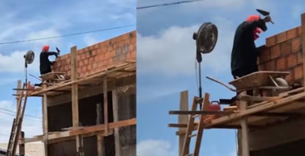 Pedreiro viraliza ao usar ventilador sobre andaime em obra no interior de Rondônia