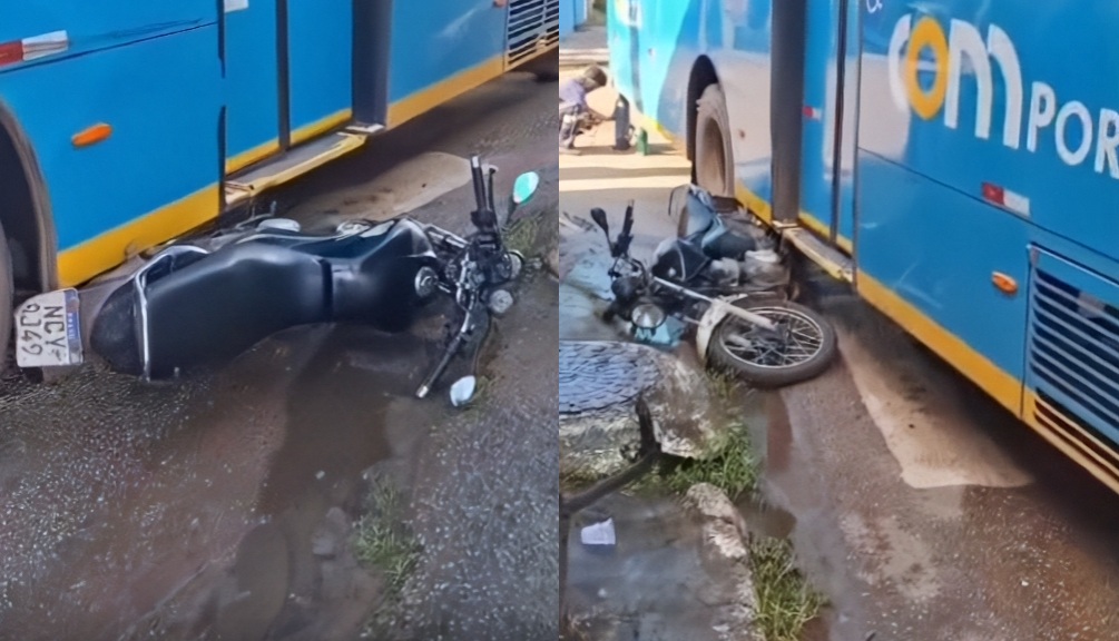 Moto fica presa sob ônibus após colisão na zona Leste de Porto Velho