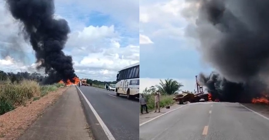 Caminhoneiro morre carbonizado após colisão entre carretas em Rondônia