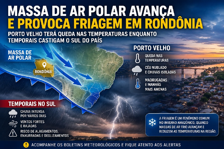 MUDANÇA NO TEMPO - Massa de ar polar avança e provoca friagem em Rondônia; Porto Velho terá queda nas temperaturas

