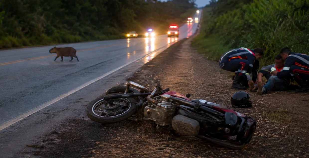 Motociclista fica ferido após atingir capivara que atravessava a RO-135 em Ji-Paraná