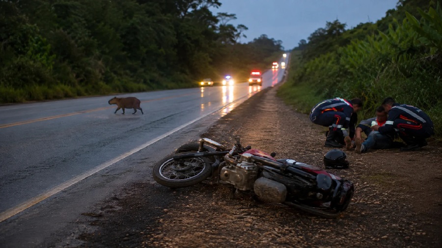 Motociclista fica ferido após atingir capivara que atravessava a RO-135 em Ji-Paraná