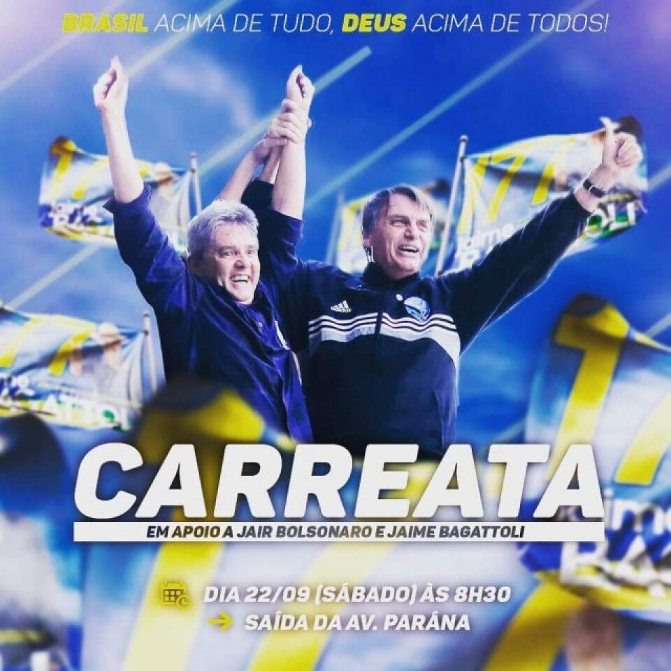 Simpatizantes de Bolsonaro e Jaime Bagattoli realizarão carreata em Vilhena