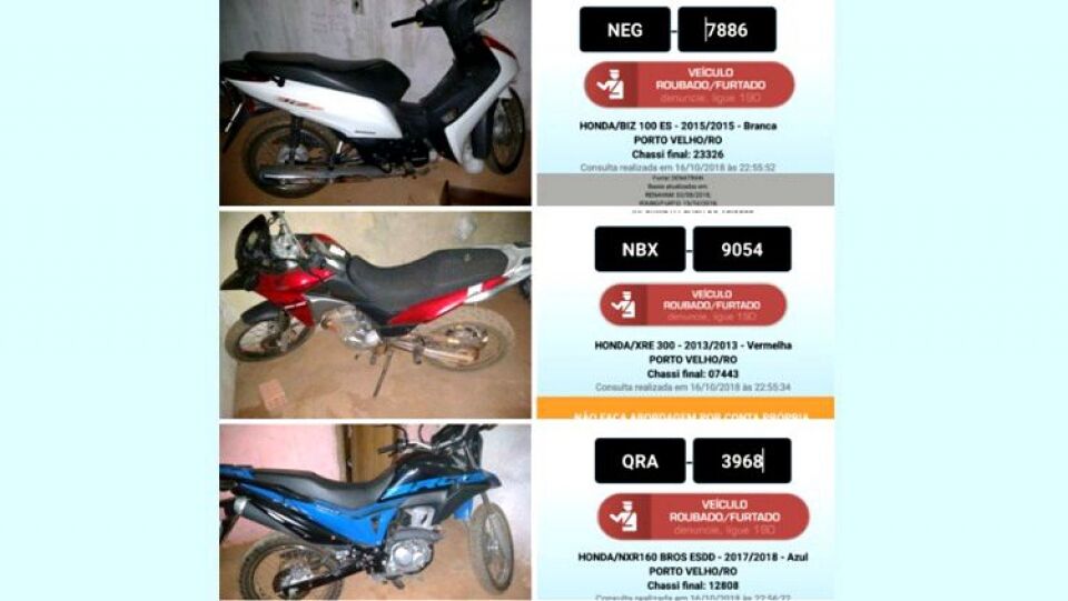 PM localiza esconderijo de assaltantes e recupera três motos roubadas