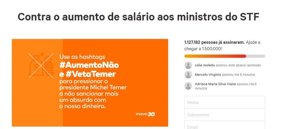 Mais de 1 milhão de pessoas já assinaram o abaixo-assinado contra o aumento de salário dos ministros do STF