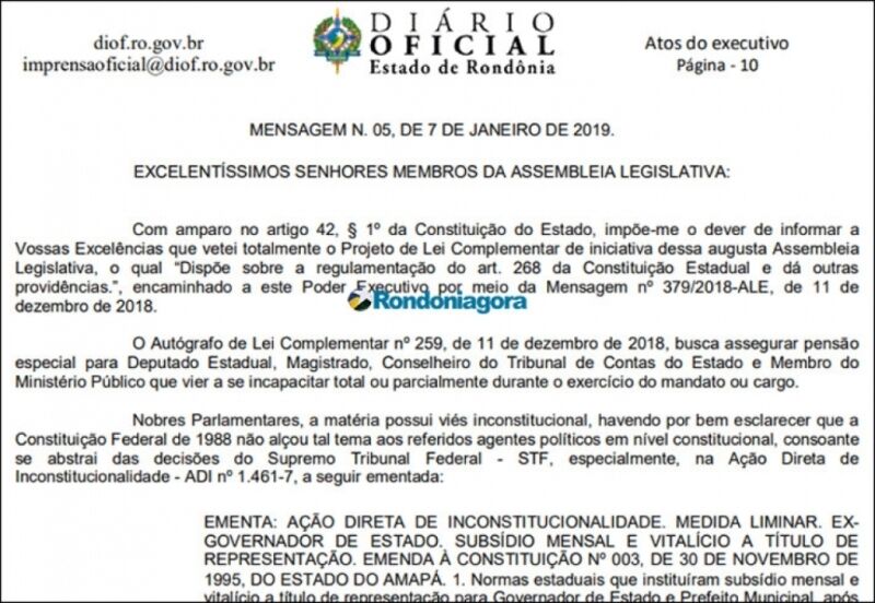 Governador veta projeto de Lei que regulamentaria nova pensão a deputados, conselheiros e membros do TJ e MP