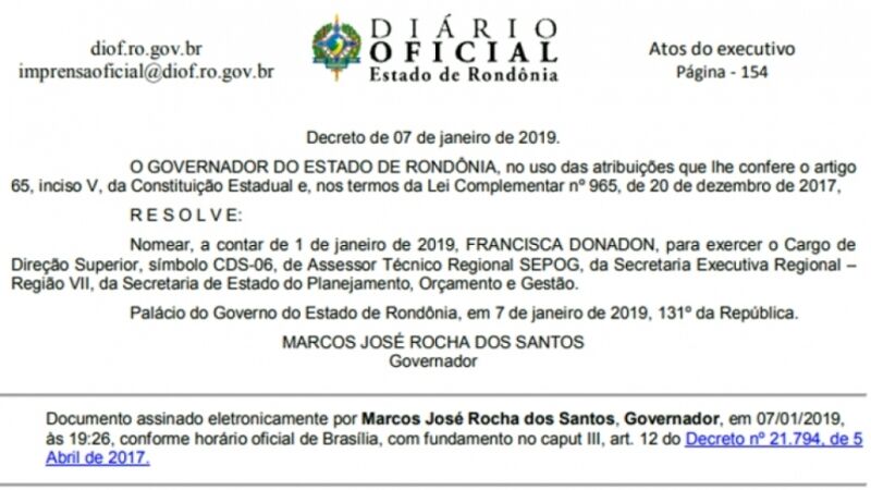Diário Oficial traz a nomeação de 310 comissionados no governo de Rondônia; Confira nomes