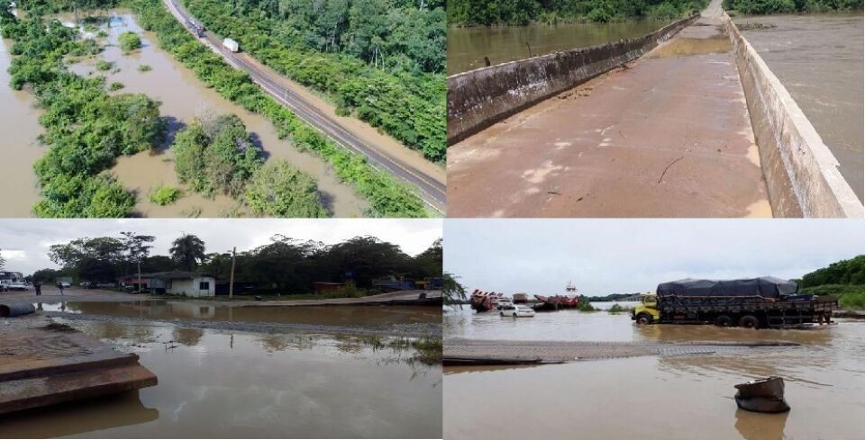 Rio Madeira transborda, inunda acesso à balsa e água fica a poucos metros da BR-364