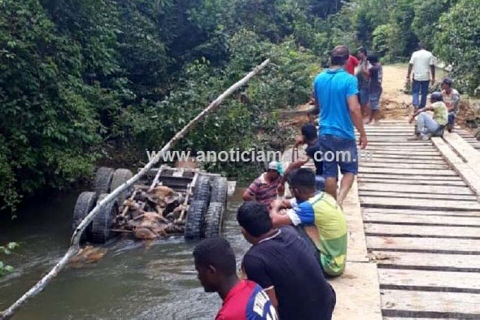 Motorista morre após caminhão carregado de madeira cair de ponte